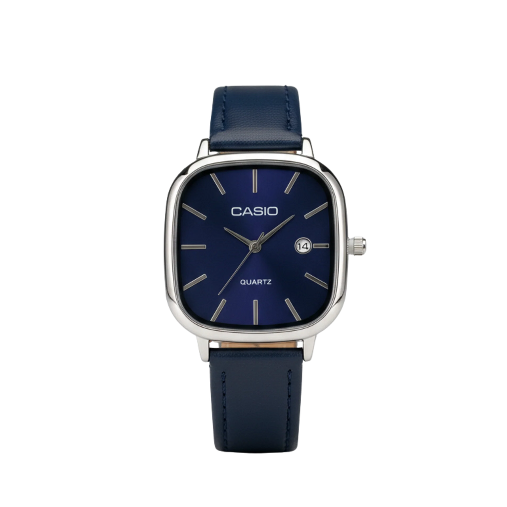 Montre Casio Élégante Quartz - Cadran Bleu Marine & Bracelet Cuir Bleu