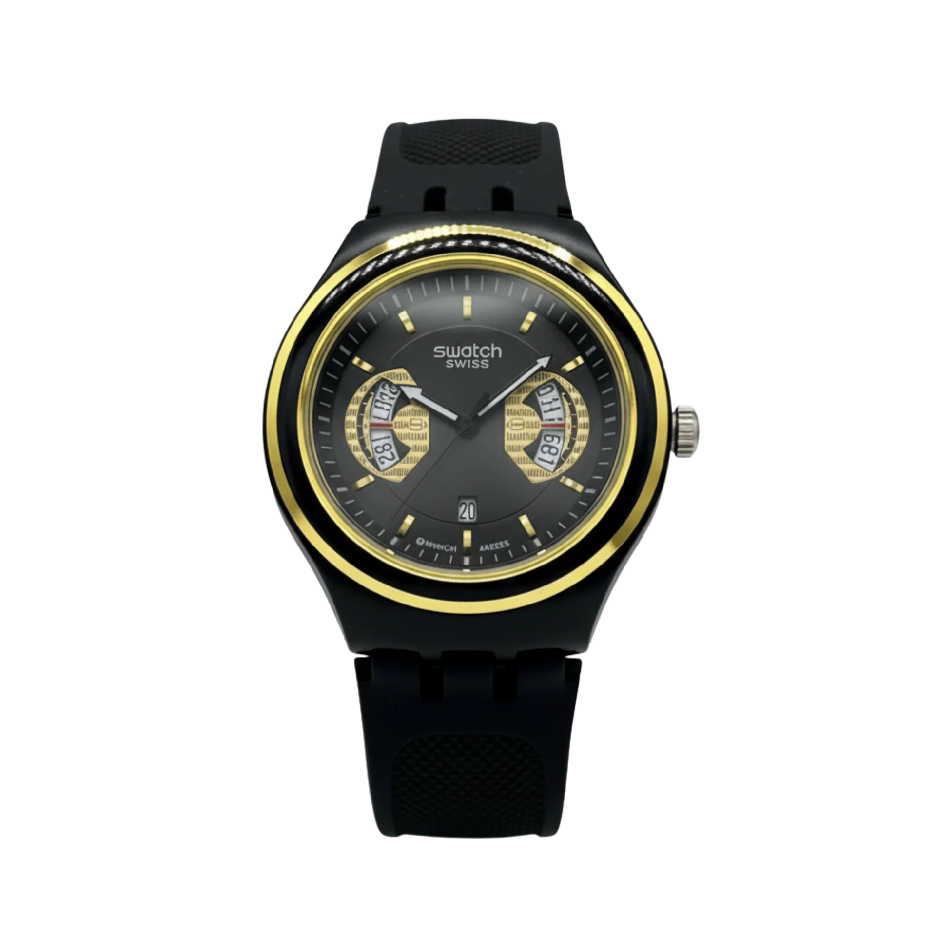 Montre Swatch Chronographe Noire et Or - Design Bicolore Élégant