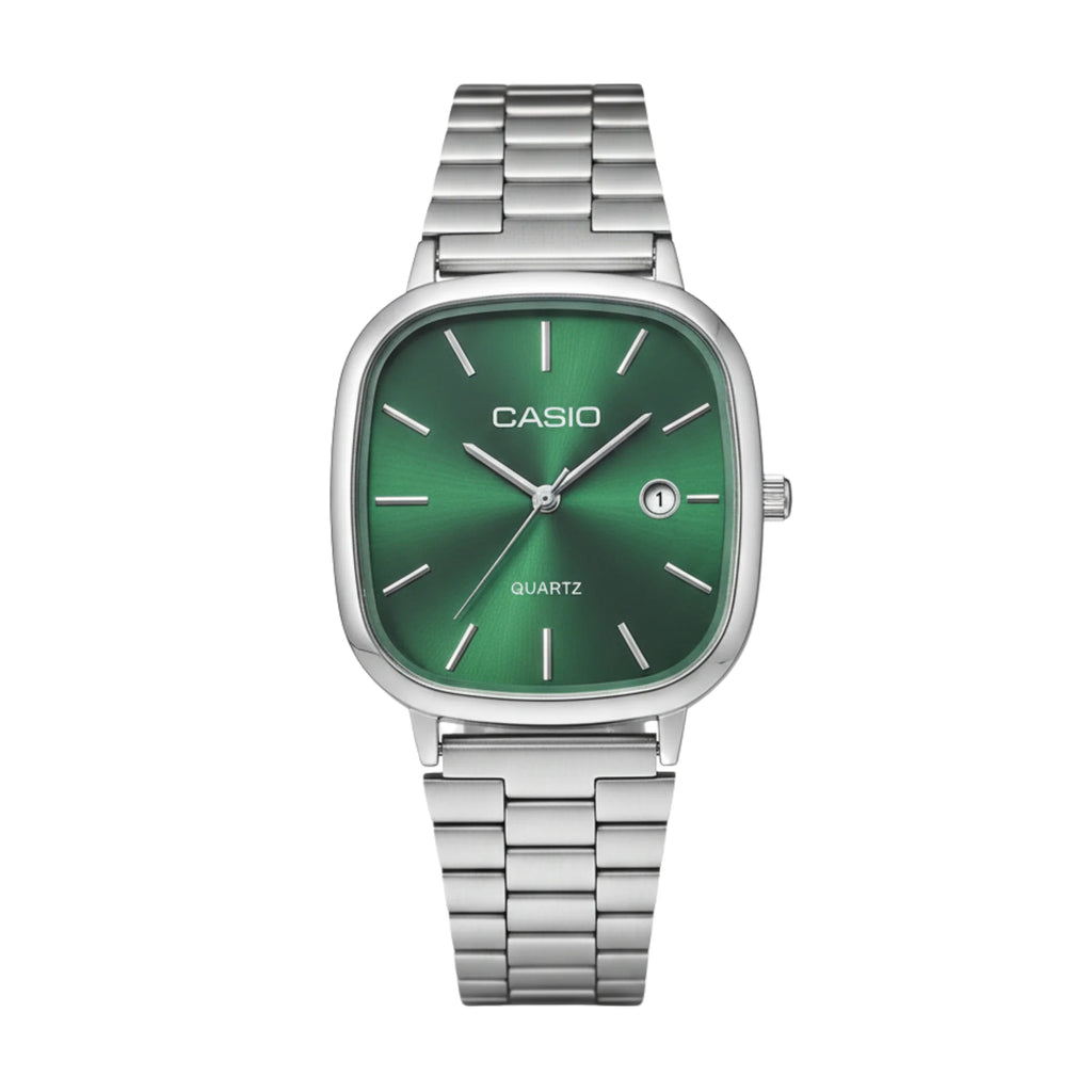 Montre Casio Analogique à Quartz – Boîtier Coussin Argenté, Cadran Soleil Vert Émeraude, Bracelet en Acier Inoxydable (Série MTP-B145)