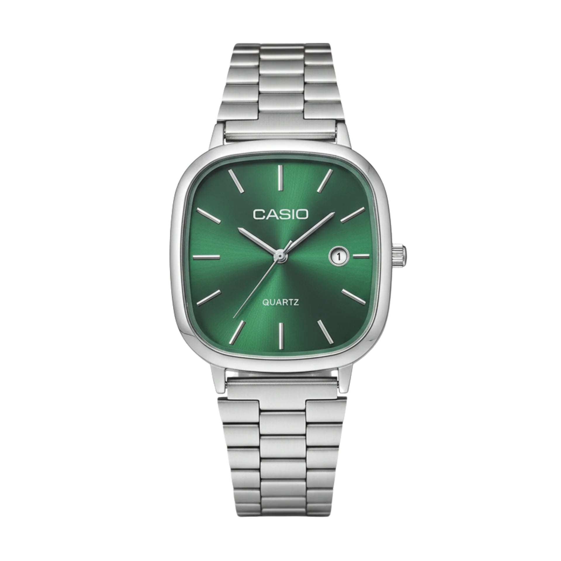 Montre Casio Analogique à Quartz – Boîtier Coussin Argenté, Cadran Soleil Vert Émeraude, Bracelet en Acier Inoxydable (Série MTP-B145)