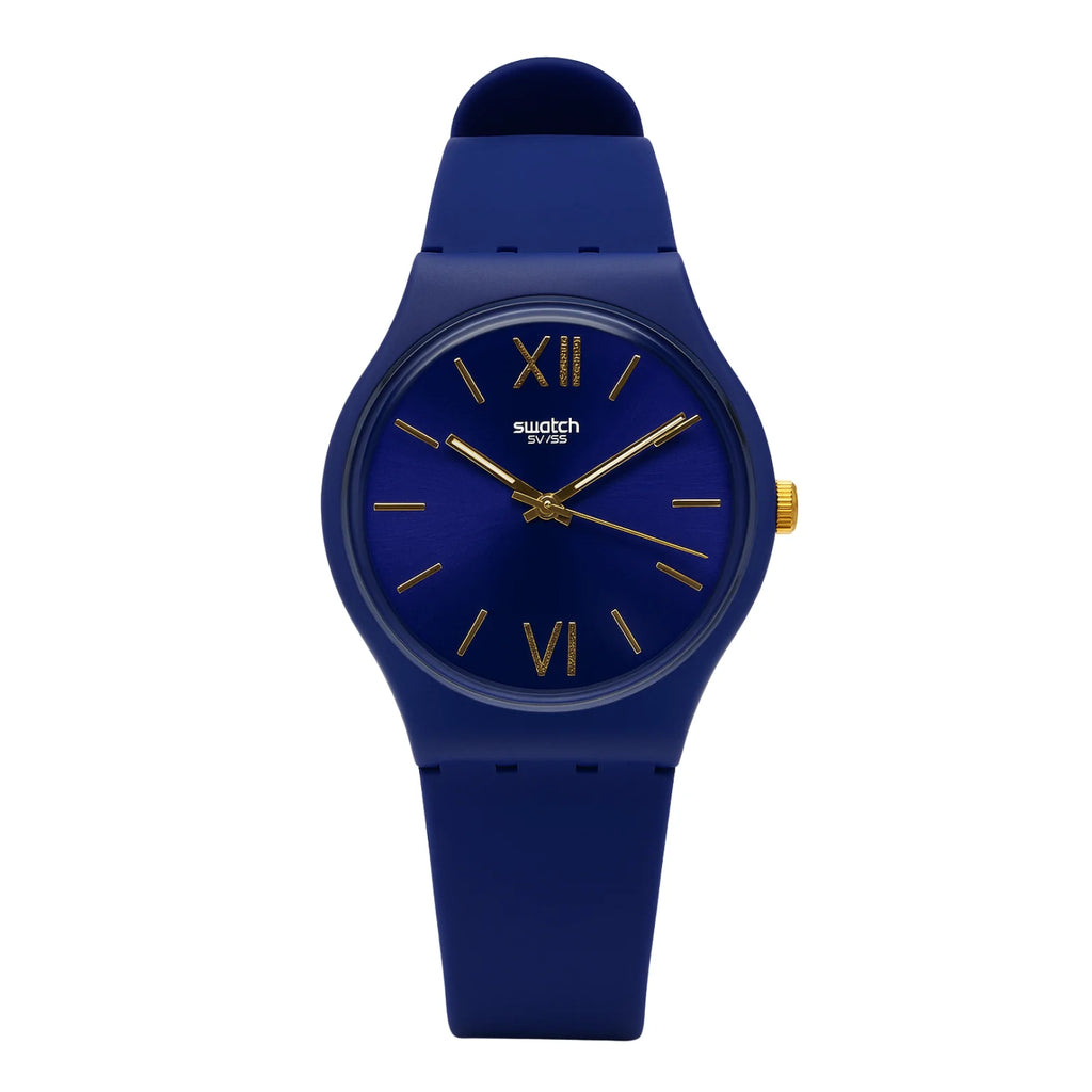 Montre Swatch Bleue Marine Élégante avec Détails Dorés