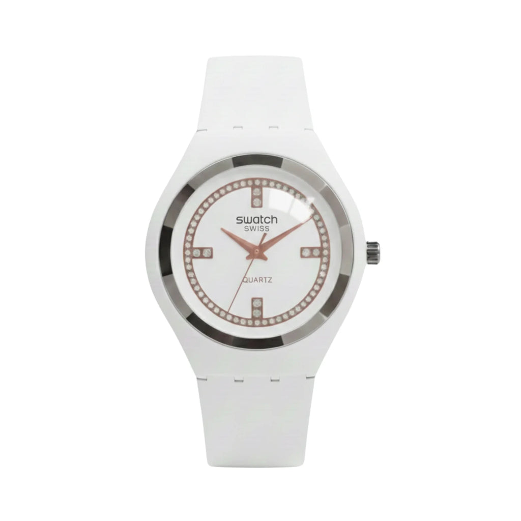 Swatch White Crystal Quartz – Édition Pure Snow (Modèle : SR-WHT38)