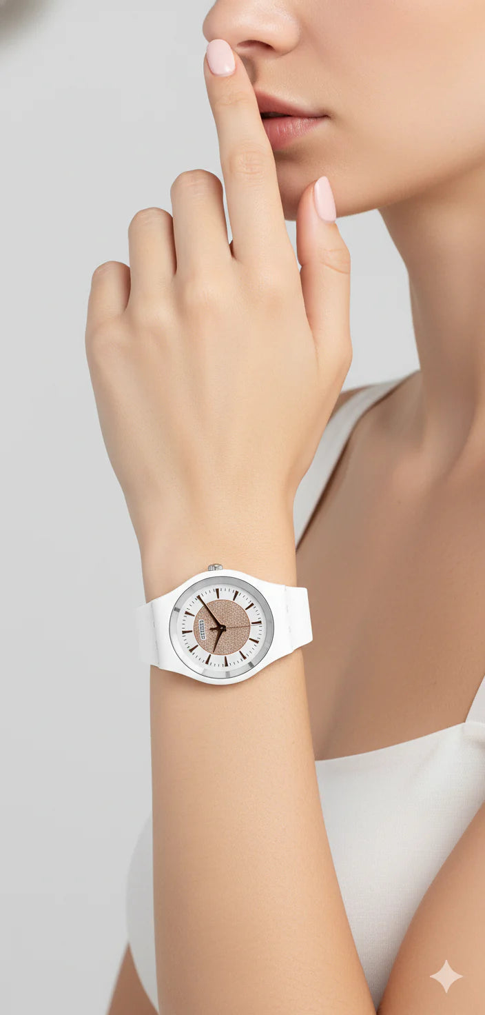 Swatch Femme Blanche Quartz Swiss – Design Élégant Blanc &amp; Beige Doré | Résistante à l'eau, Garantie 2 Ans
