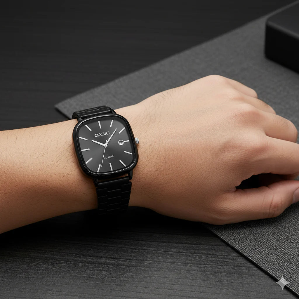 Montre Casio Analogique Noire Carrée en Métal
