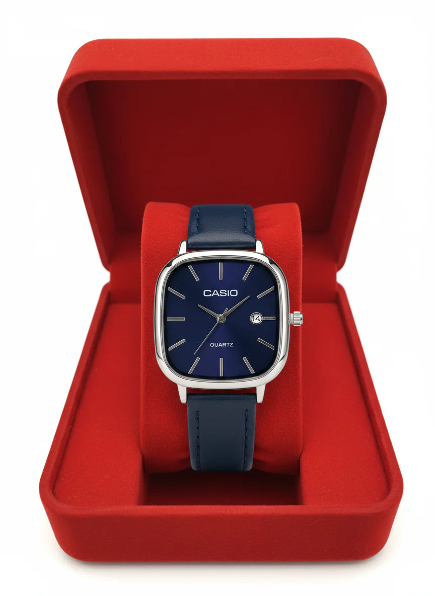 Montre Casio Élégante Quartz - Cadran Bleu Marine & Bracelet Cuir Bleu