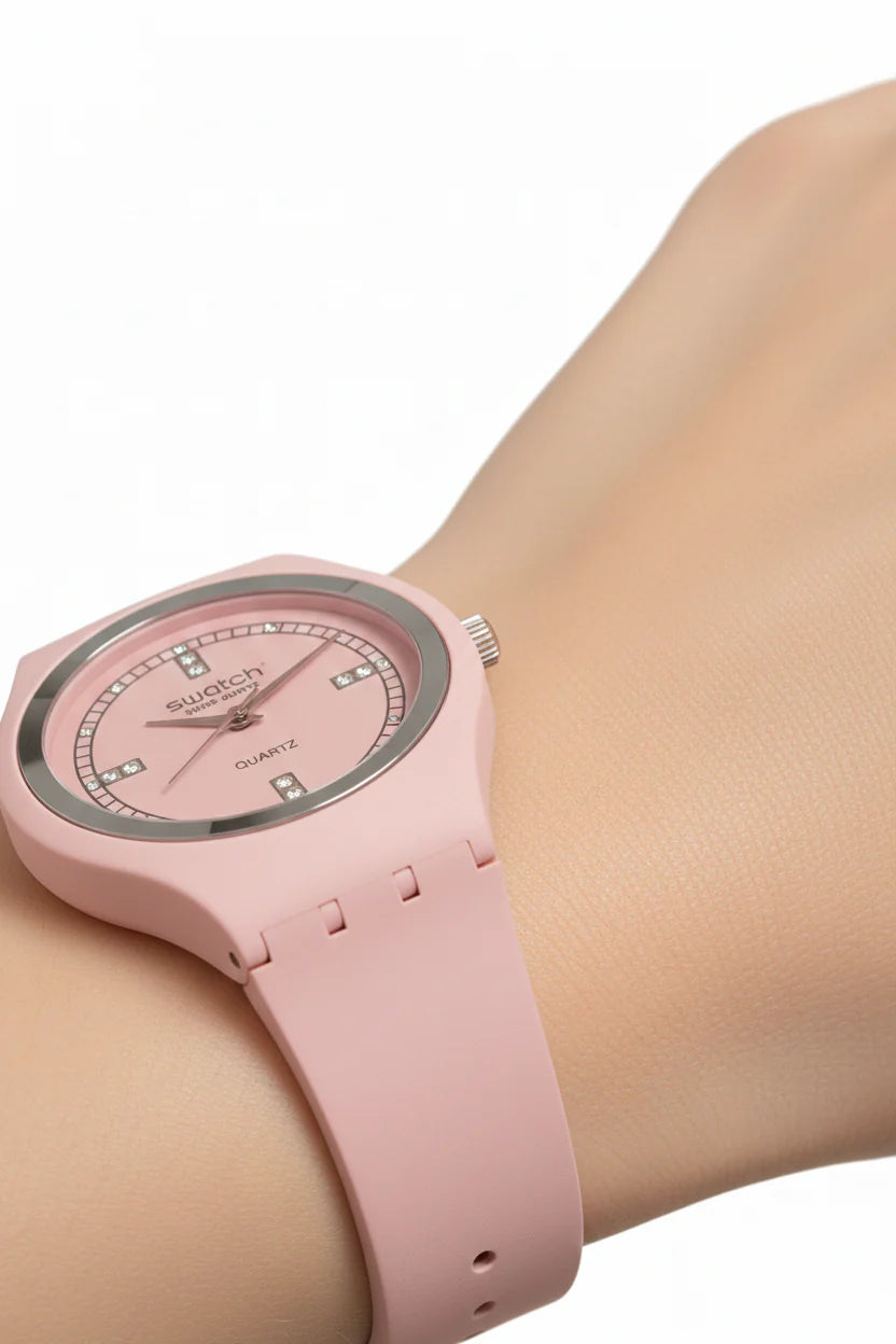 Swatch Quartz Cristal Rose – Édition Rose Élégante (Modèle : SR-PNK38)