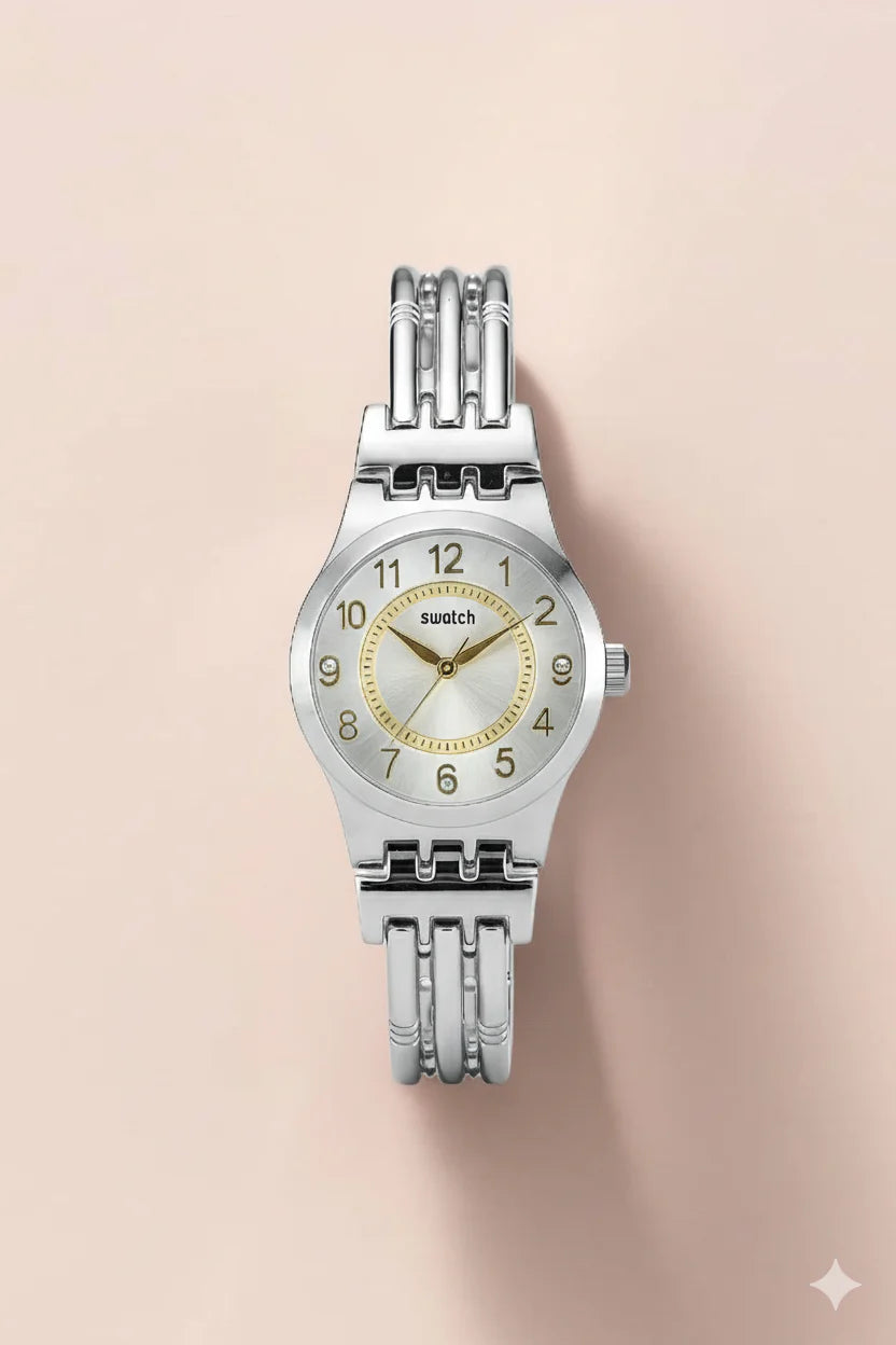 Montre Femme Swatch Argentée et Dorée avec Cristaux