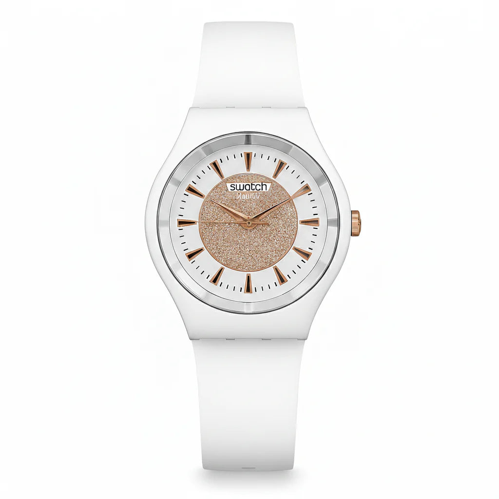 Swatch Femme Blanche Quartz Swiss – Design Élégant Blanc &amp; Beige Doré | Résistante à l'eau, Garantie 2 Ans