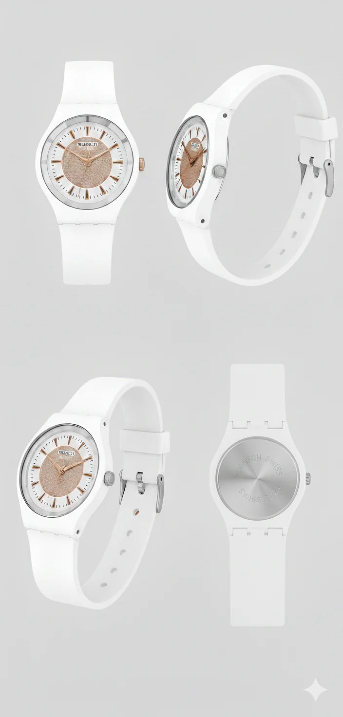 Swatch Femme Blanche Quartz Swiss – Design Élégant Blanc &amp; Beige Doré | Résistante à l'eau, Garantie 2 Ans
