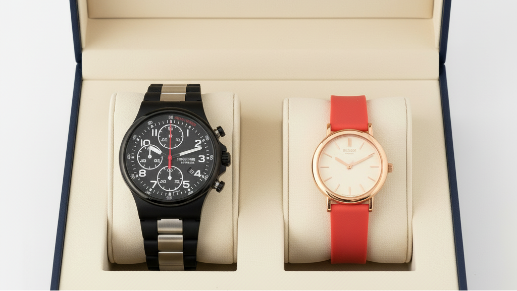 Change the color of the woman's watch and make the picture landscape